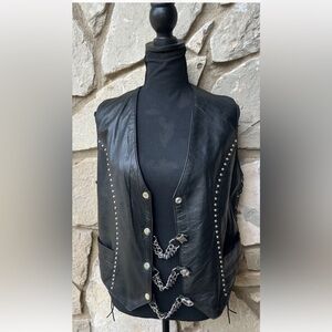 Unik Leather Biker Vest Womens XL Black Snap Front Chain‎ Detail Motorcycle